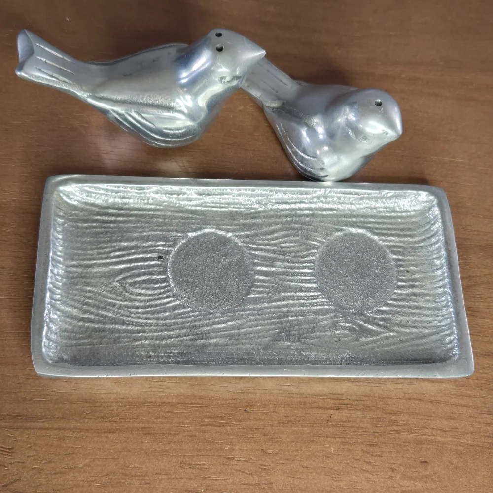 Martha Stewart Pewter Bird Salt & Pepper Shakers Spring Garden Set w/ Tray